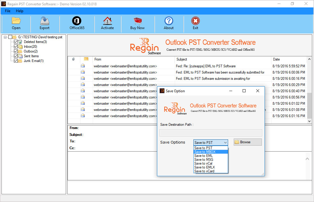 Convert selected Outlook PST file